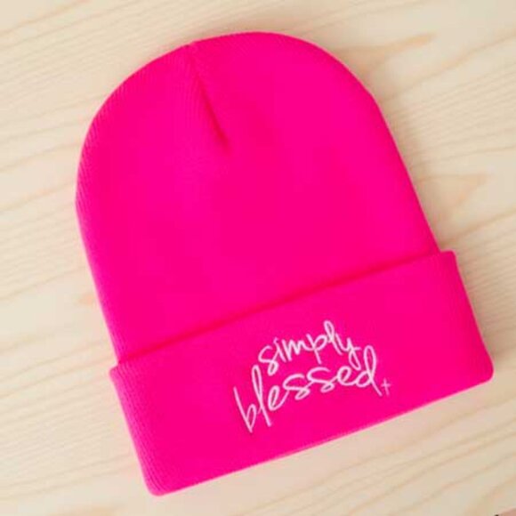2/$30 Ladies Hot Pink Simply Blessed Winter Hat Beanie Cap - Picture 1 of 7